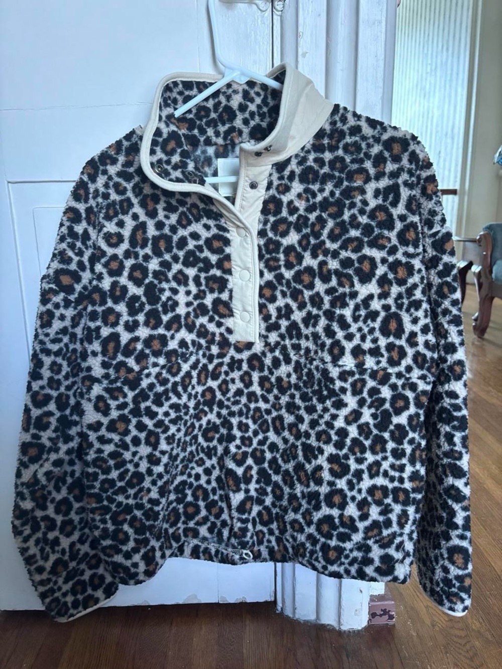 American Eagle Outfitters Women’s Leopard Sherpa Pullover - Cream, Brown & Black